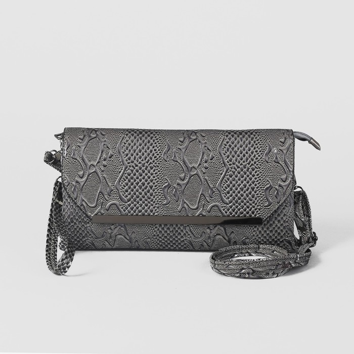 Клатч женский на молнии, 3 отдела, с ручкой, длинный ремень, цвет серый