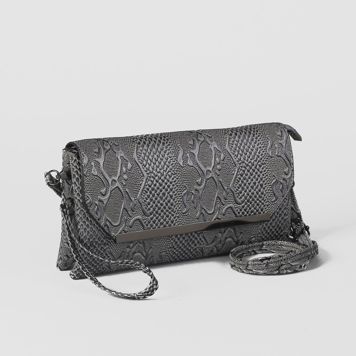 Клатч женский на молнии, 3 отдела, с ручкой, длинный ремень, цвет серый