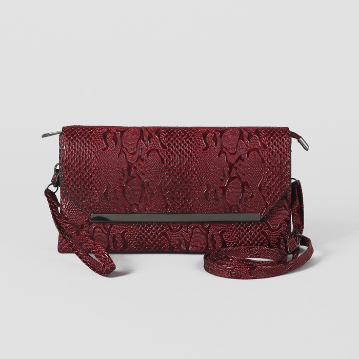 Клатч женский на молнии, 3 отдела, с ручкой, длинный ремень, цвет бордовый