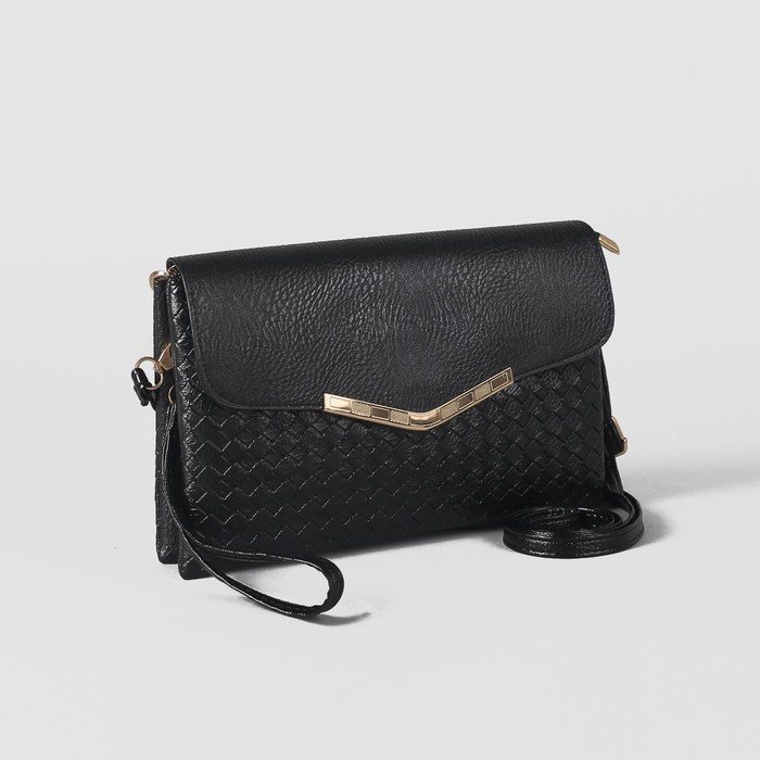 Клатч женский на молнии, 3 отдела, с ручкой, длинный ремень, цвет чёрный