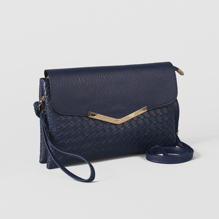 Клатч женский на молнии, 3 отдела, с ручкой, длинный ремень, цвет синий