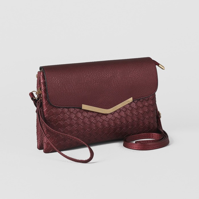 Клатч женский на молнии, 3 отдела, с ручкой, длинный ремень, цвет бордовый