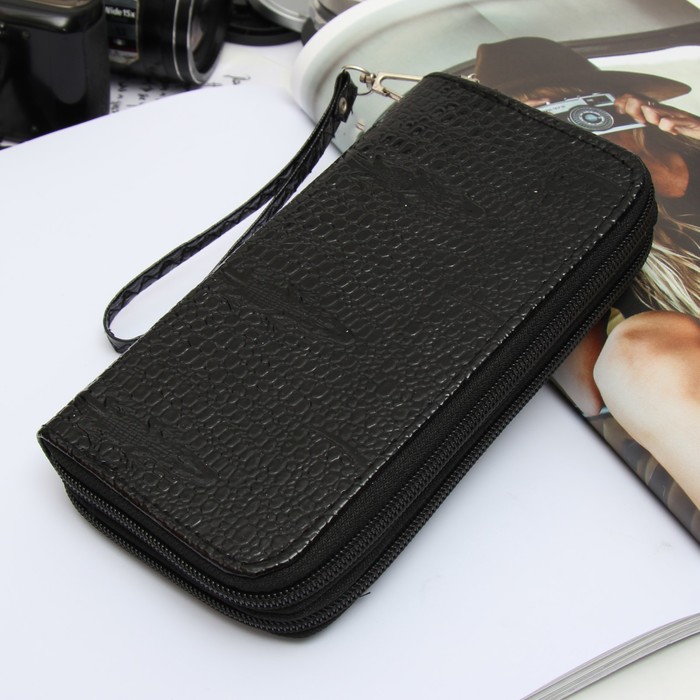 Кошелёк женский на молнии, 4 отдела, для монет, с ручкой, цвет чёрный