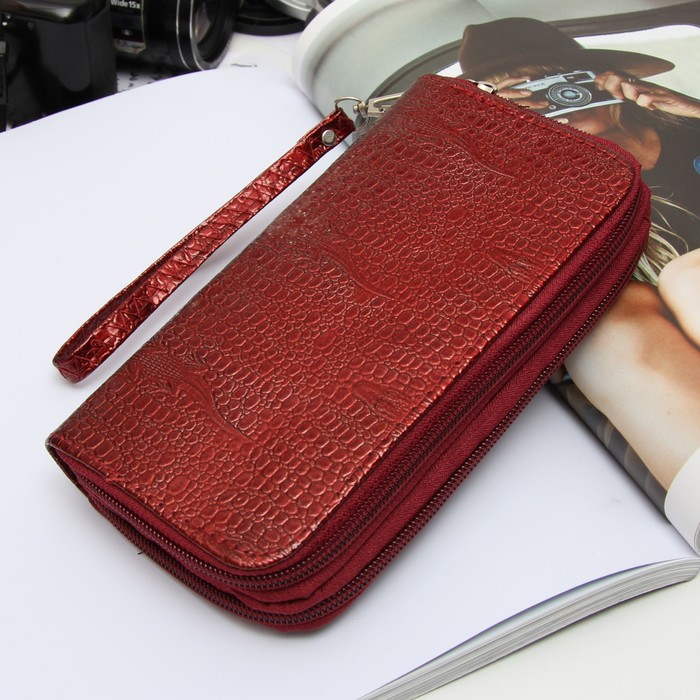 Кошелёк женский на молнии, 4 отдела, для монет, с ручкой, цвет красный