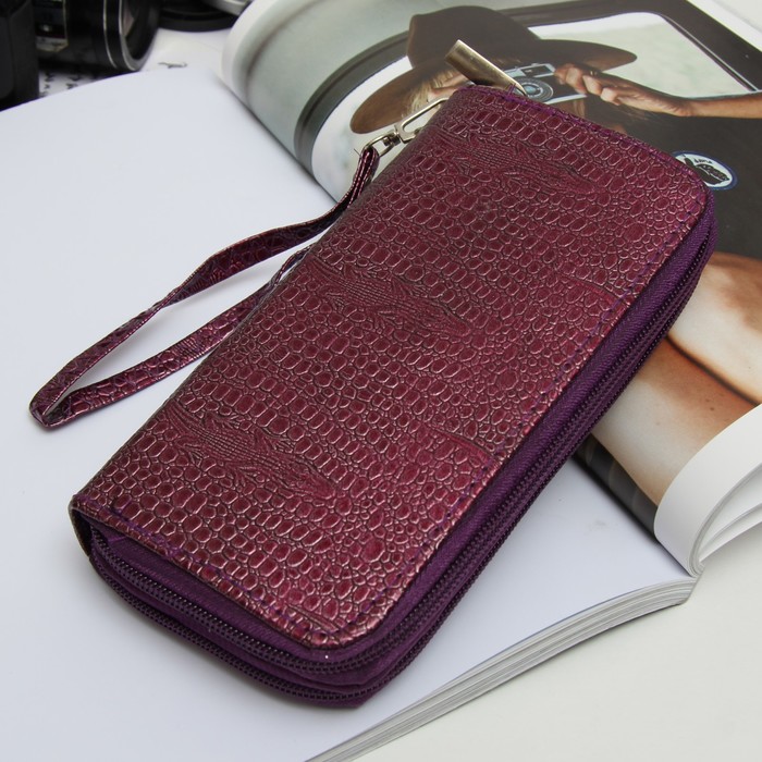 Кошелёк женский на молнии, 4 отдела, для монет, с ручкой, цвет фиолетовый