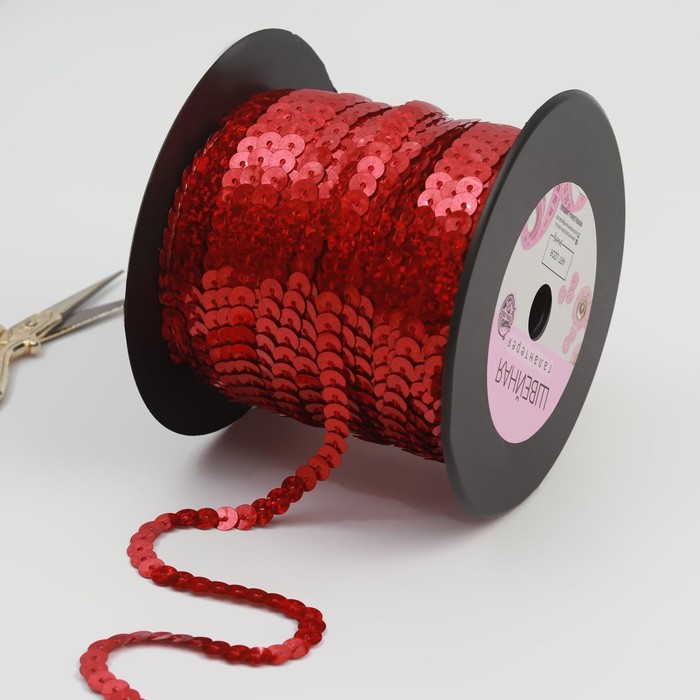 Лента декоративная пайетки, голография, ширина 6мм, 91±1м, B9, цвет красный