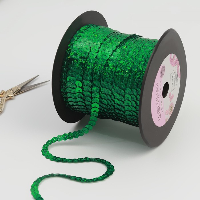 Лента декоративная пайетки, голография, ширина 6мм, 91±1м, B4, цвет зелёный
