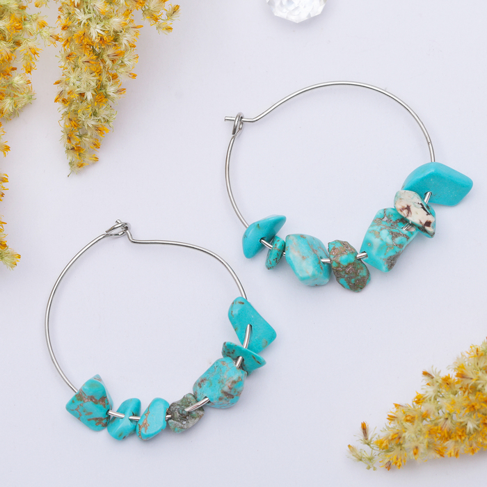 Серьги-кольца "Натурель" бирюза, цвет голубой в серебре