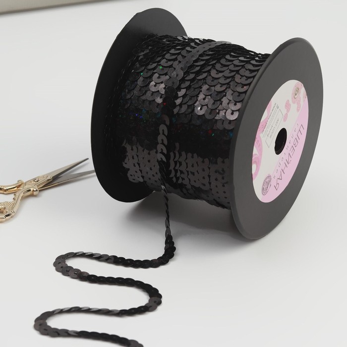 Лента декоративная пайетки, голография, ширина 6мм, 91±1м, B20, цвет чёрный