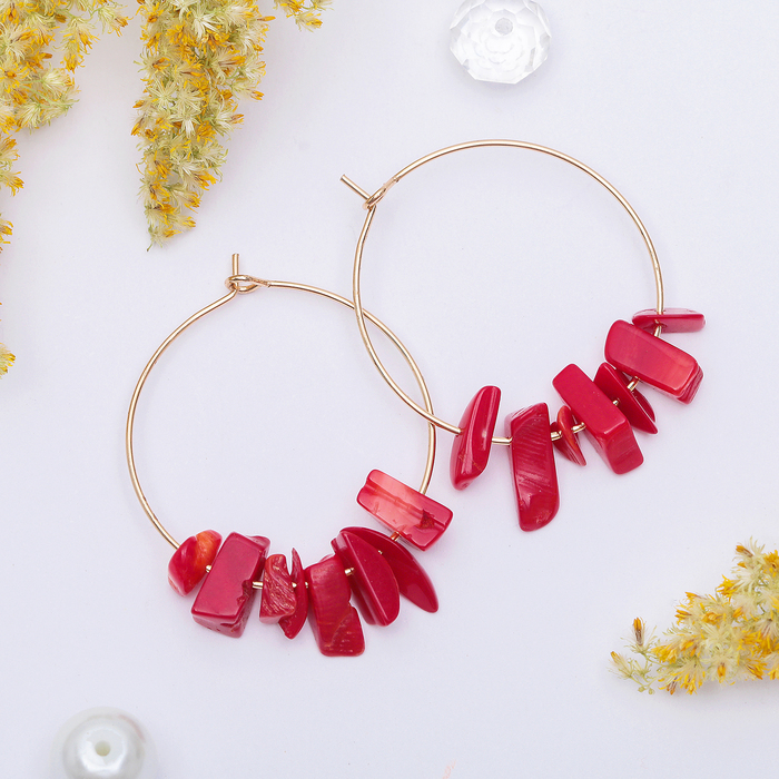 Серьги-кольца "Натурель" коралл, цвет красный в золоте