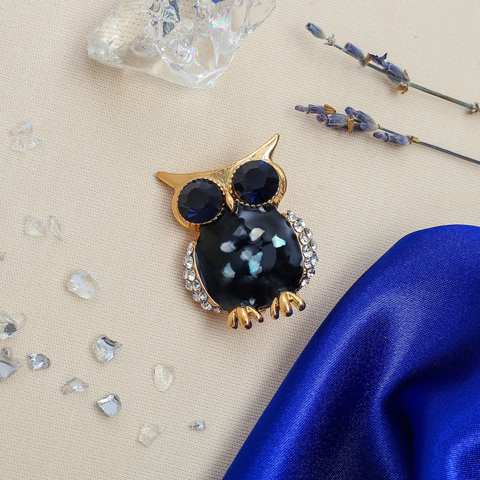 Брошь "Сова" блестящая, цвет черный в золоте