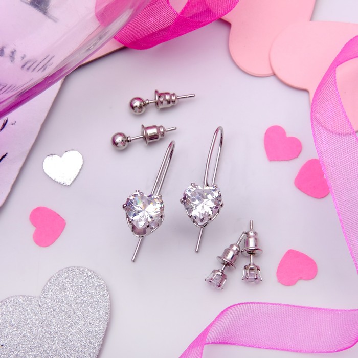 Пусеты 3 пары "Нежность" сердце, цвет белый в серебре