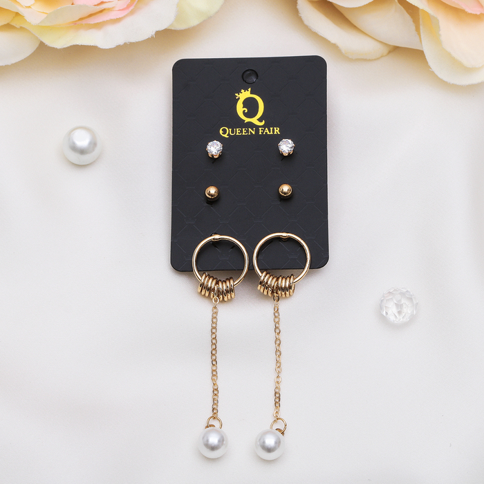 Пусеты 3 пары "Жемчужинка", цвет белый в золоте