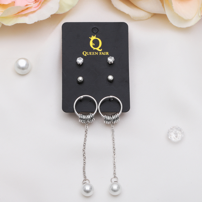 Пусеты 3 пары "Жемчужинка", цвет белый в серебре