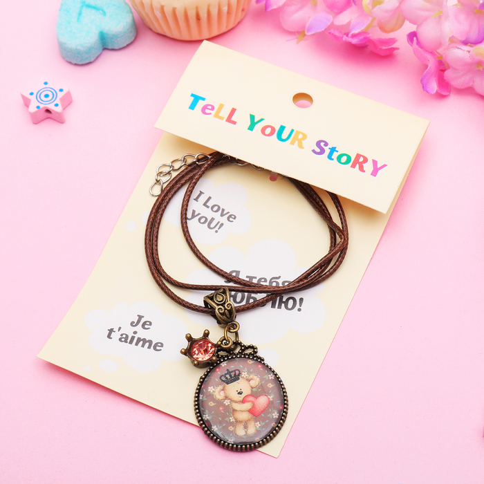 Кулон с рисунком овал "Юная пора" мишка, цветной в серебре