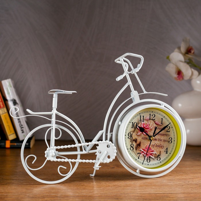 Часы настольные серия Ковка. Велосипед ретро, циф-т Цветы, классика, белый 33х24см