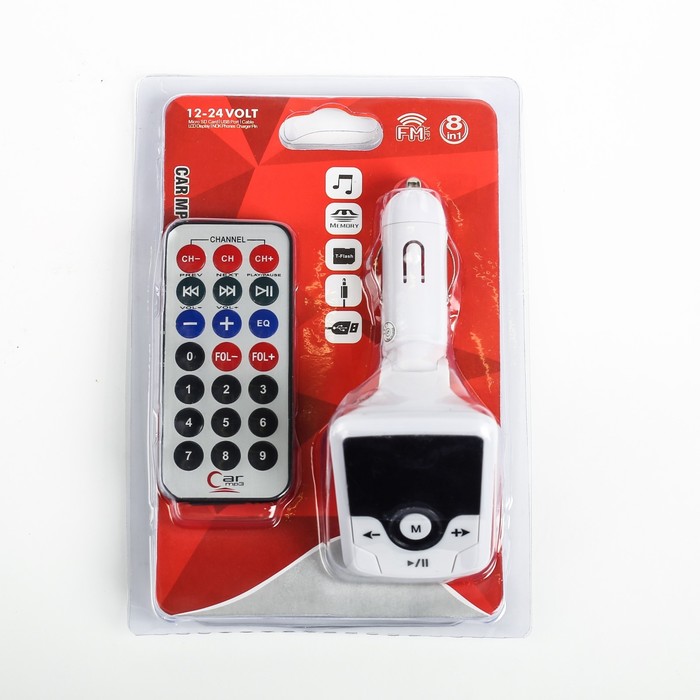 FM - трансмиттер, 12 В, USB/Mp3/WMA/AUX/MicroSD, провод AUX, белый
