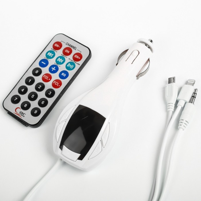FM - трансмиттер, 12 В, USB/Mp3/WMA/MicroSD, белый