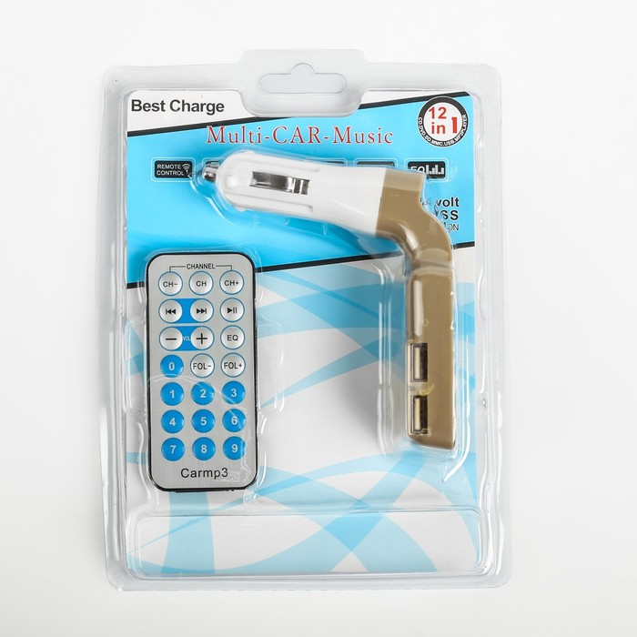 FM - трансмиттер, 12 В, 2 USB/Mp3/WMA/AUX/MicroSD, бежевый,