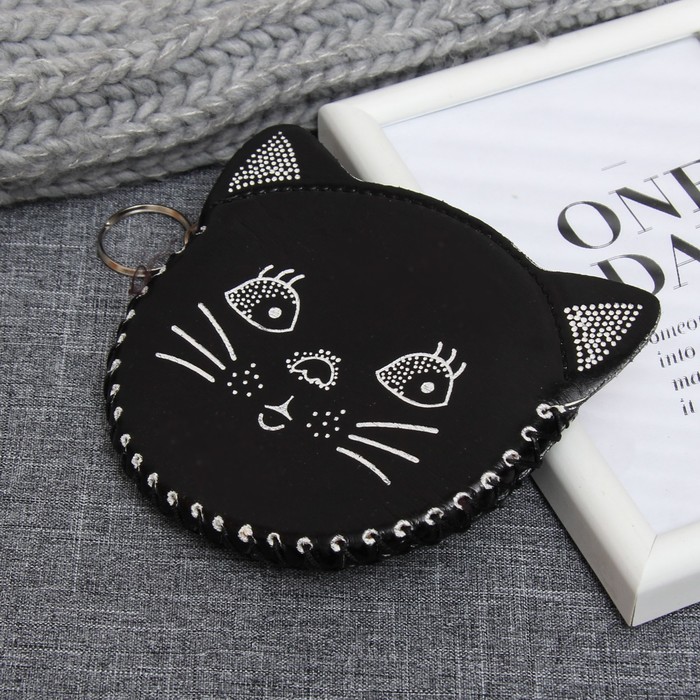 Кошелёк женский на молнии "Котик", 1 отдел, цвет чёрный