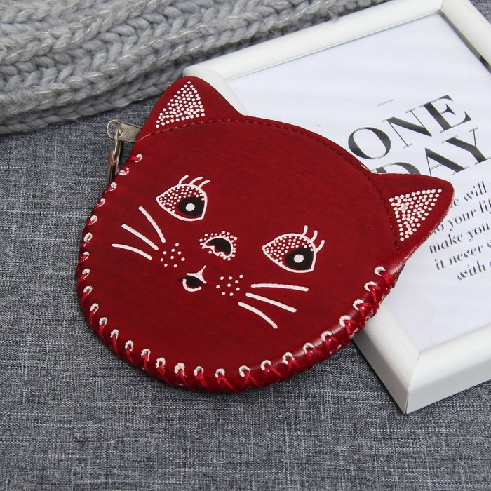 Кошелёк женский на молнии "Котик", 1 отдел, цвет красный