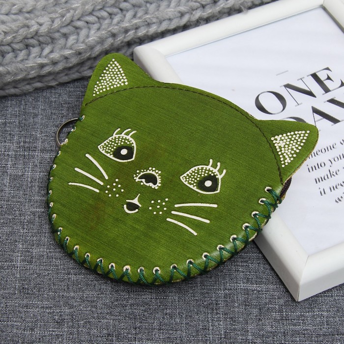 Кошелёк женский на молнии "Котик", 1 отдел, цвет зелёный