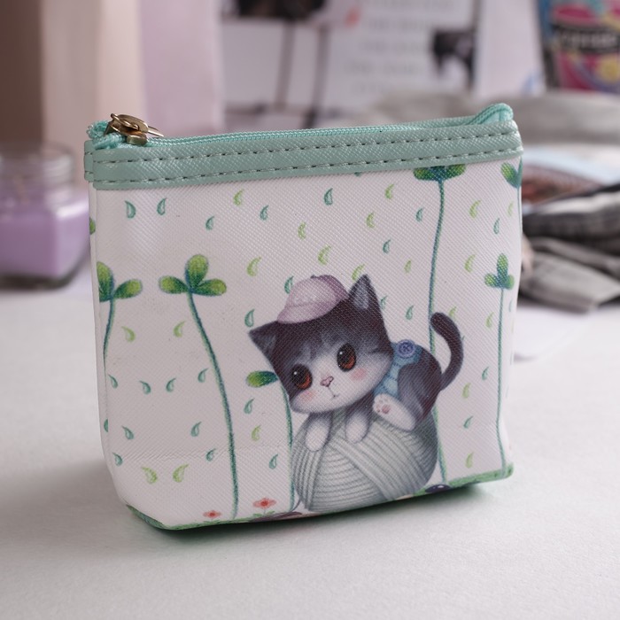 Кошелёк детский на молнии "Котёнок", 1 отдел, цвет зелёный