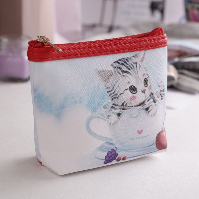 Кошелёк детский на молнии "Котёнок", 1 отдел, цвет красный