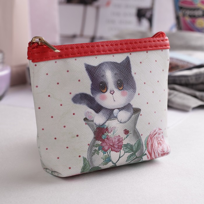 Кошелёк детский на молнии "Котёнок", 1 отдел, цвет красный