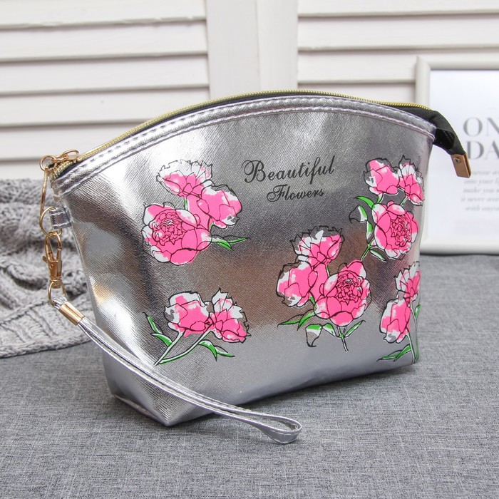 Косметичка-сумочка на молнии "Букет", 1 отдел, с ручкой, цвет серебристый