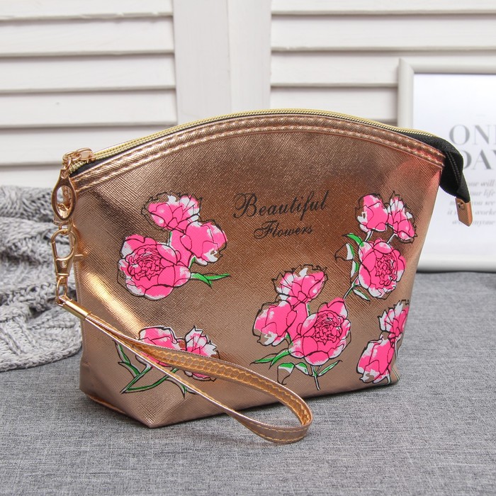 Косметичка-сумочка на молнии "Букет", 1 отдел, с ручкой, цвет бронзовый