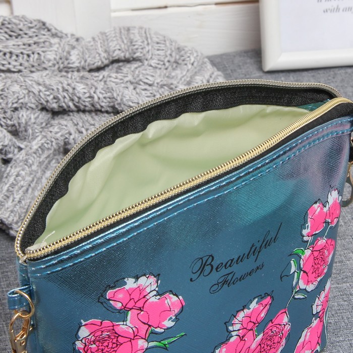 Косметичка-сумочка на молнии "Букет", 1 отдел, с ручкой, цвет бирюзовый