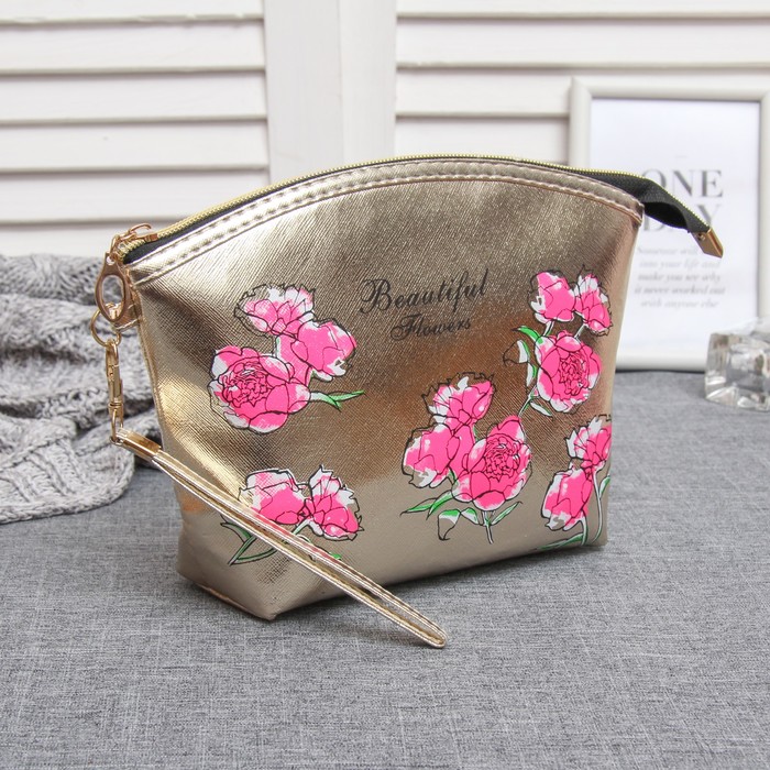 Косметичка-сумочка на молнии &quot;Букет&quot;, 1 отдел, с ручкой, цвет золотой