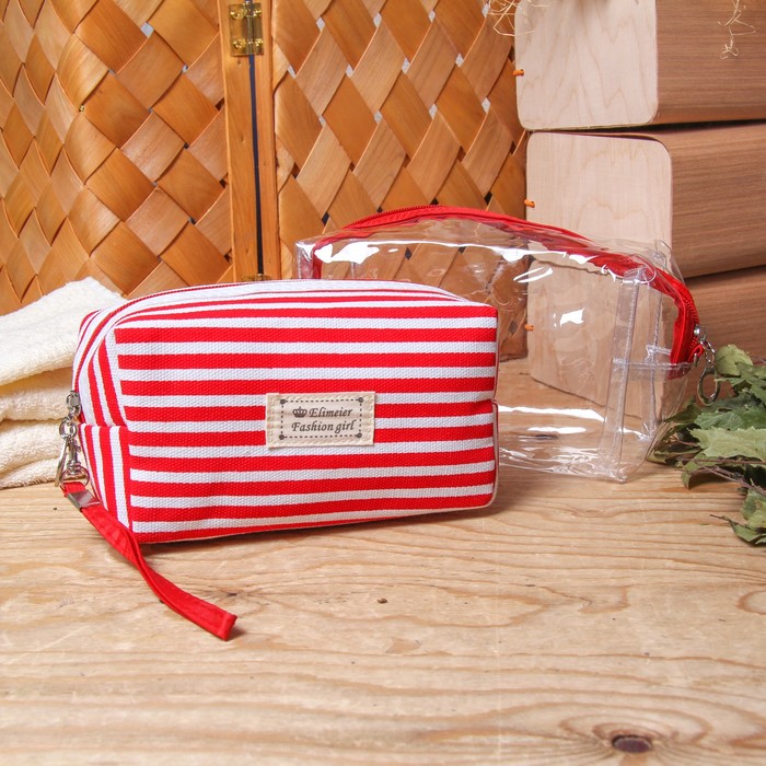 Набор косметичек 2 в 1 "Полосатик", 1 отдел, с ручкой, цвет красный
