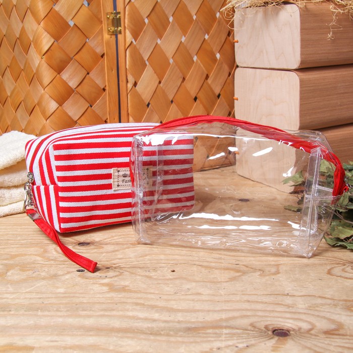 Набор косметичек 2 в 1 "Полосатик", 1 отдел, с ручкой, цвет красный