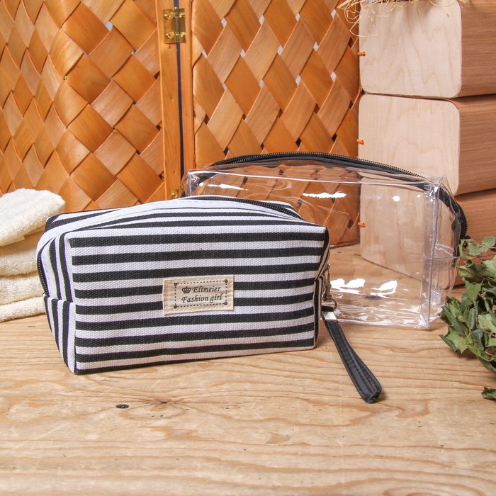 Набор косметичек 2 в 1 "Полосатик", 1 отдел, с ручкой, цвет чёрный