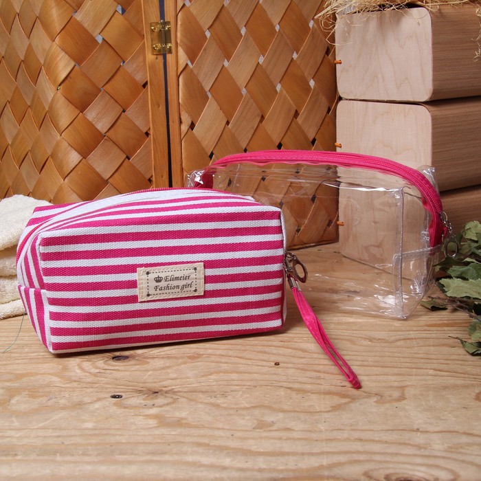 Набор косметичек 2 в 1 "Полосатик", 1 отдел, с ручкой, цвет малиновый