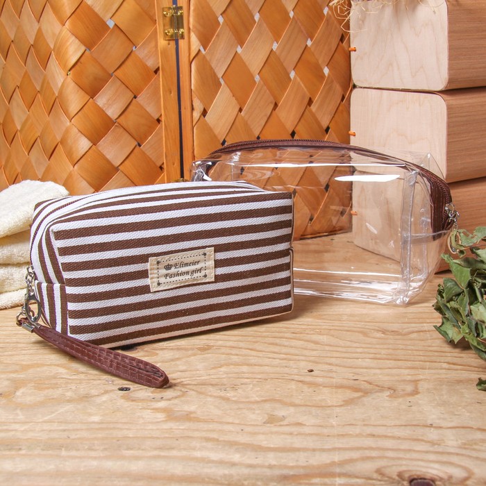 Набор косметичек 2 в 1 "Полосатик", 1 отдел, с ручкой, цвет коричневый
