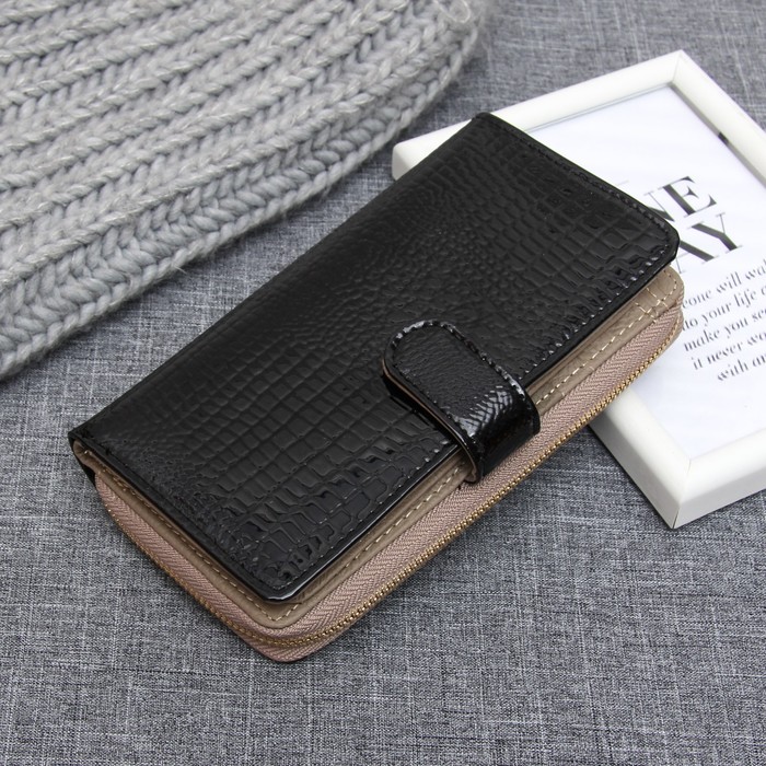 Кошелёк женский на кнопке, 6 отделов, для карт, для монет, цвет чёрный