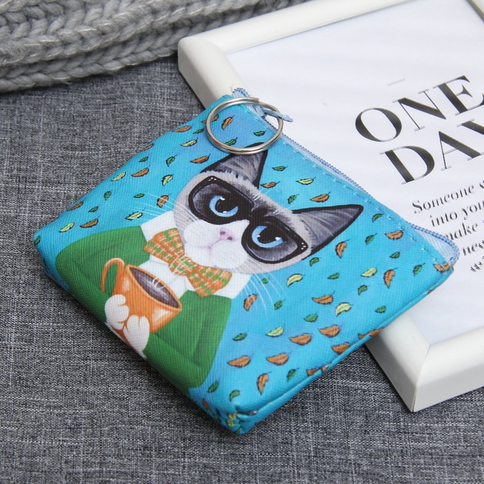 Кошелёк на молнии "Кот с чашкой", 1 отдел, с кольцом, цвет голубой