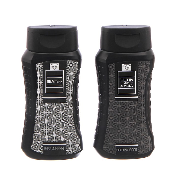 Подарочный набор "Настоящему мужчине": гель для душа, шампунь, мочалка в пластиковой подставке