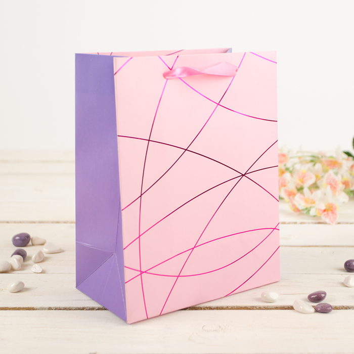 Пакет подарочный "Линии", розовый, 26 х 10 х 32 см
