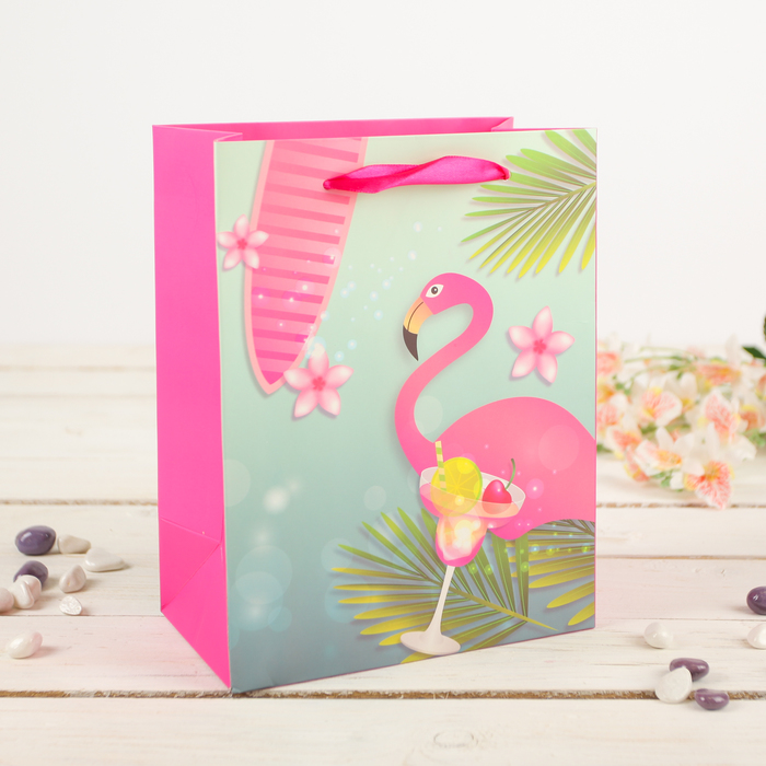 Пакет подарочный "Фламинго", розовый, 30 х 12 х 42 см
