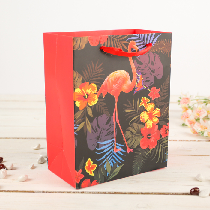 Пакет подарочный "Фламинго", красный, 30 х 12 х 42 см