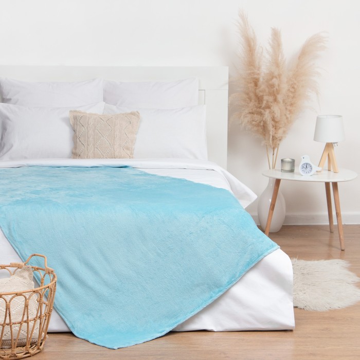 Плед "Этель" с бомбошками, голубой, р-р 130х180 см, 100% П/Э, велсофт