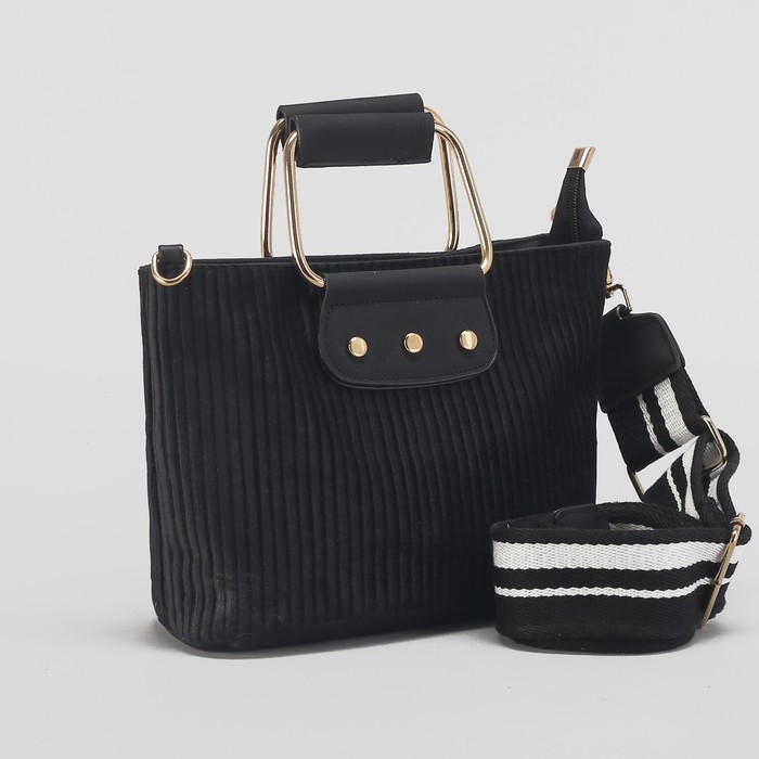 Сумка женская, вельвет, отдел с перегородкой, длинный ремень, цвет чёрный