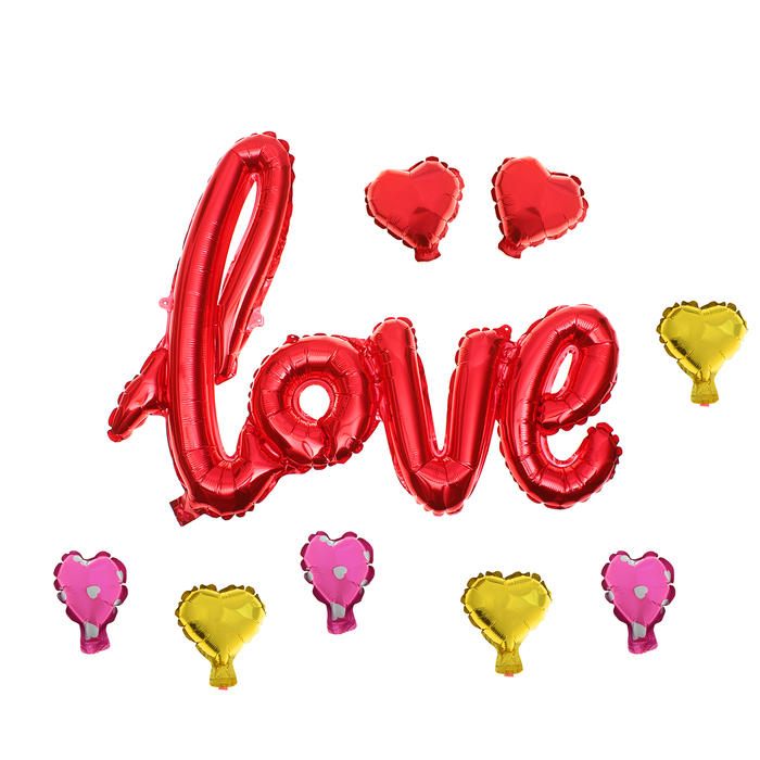 Шар фольгированный "Надпись Любовь" 38", прописные буквы, 8 сердец, цвет красный