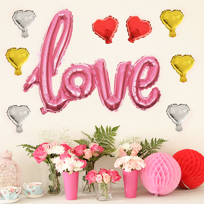Шар фольгированный "Надпись Любовь" 38", прописные буквы, 8 сердец, цвет розовый