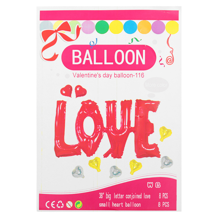 Шар фольгированный "Надпись Любовь" 38", заглавные буквы, 8 сердец, цвет красный