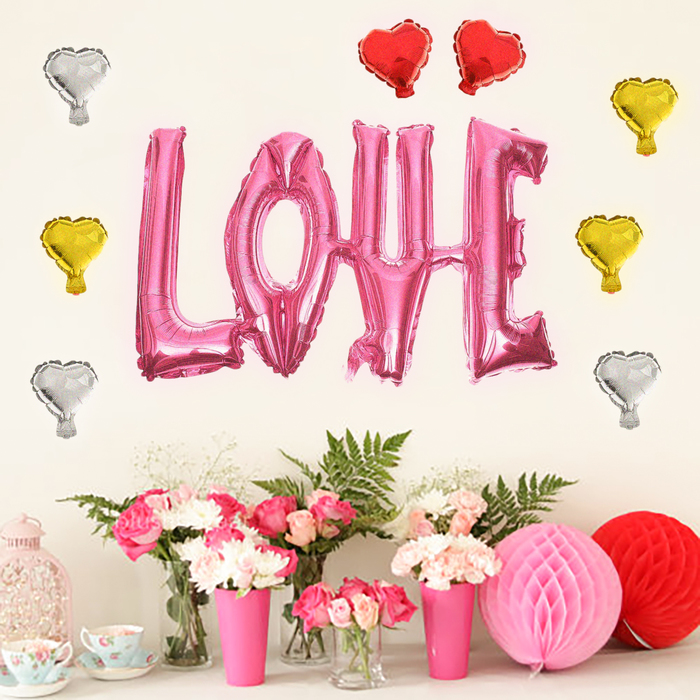 Шар фольгированный "Надпись Любовь" 38", заглавные буквы, 8 сердец, цвет розовый